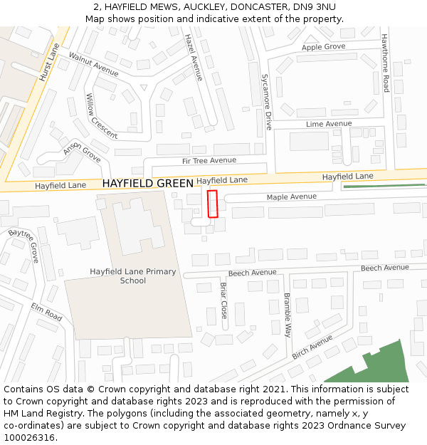 2, HAYFIELD MEWS, AUCKLEY, DONCASTER, DN9 3NU: Location map and indicative extent of plot