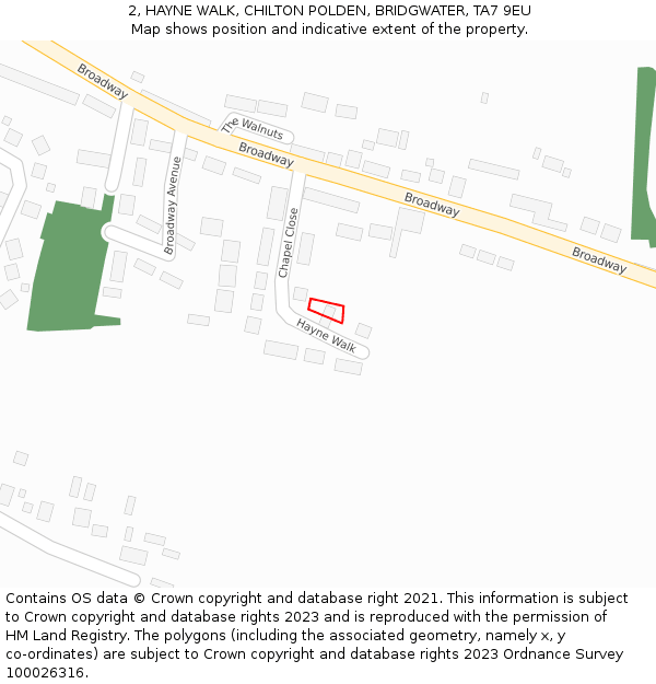 2, HAYNE WALK, CHILTON POLDEN, BRIDGWATER, TA7 9EU: Location map and indicative extent of plot