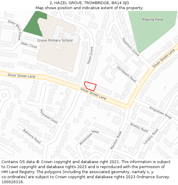 2, HAZEL GROVE, TROWBRIDGE, BA14 0JG: Location map and indicative extent of plot