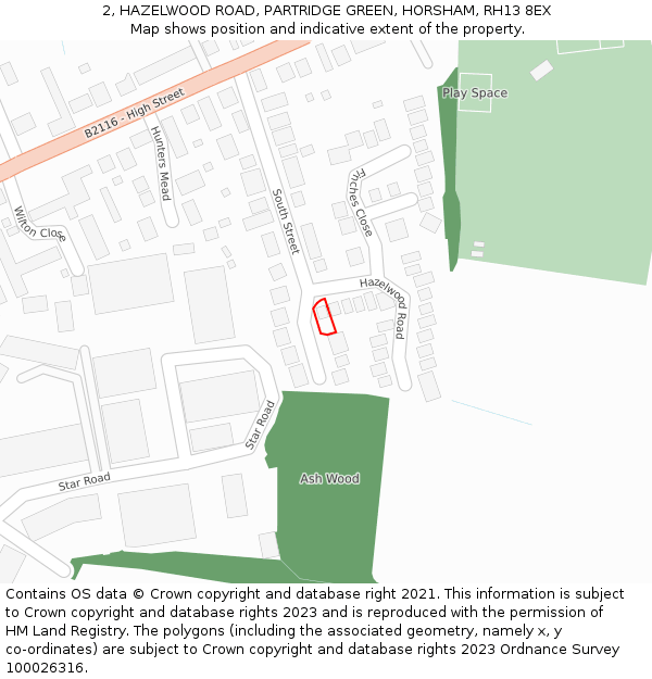 2, HAZELWOOD ROAD, PARTRIDGE GREEN, HORSHAM, RH13 8EX: Location map and indicative extent of plot