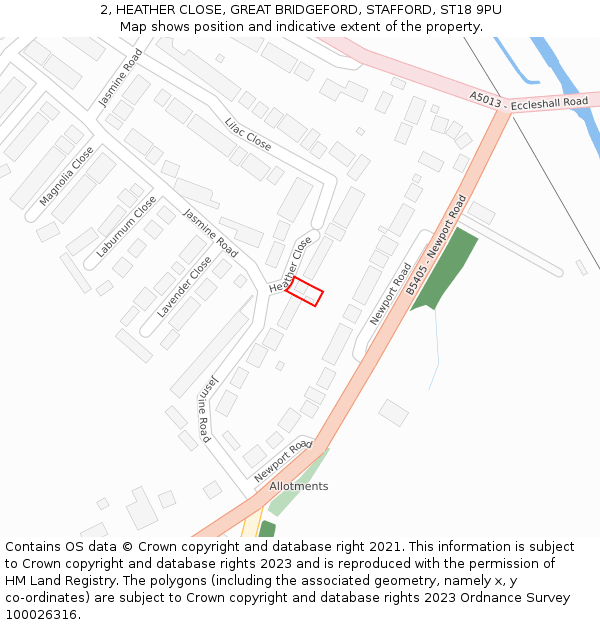 2, HEATHER CLOSE, GREAT BRIDGEFORD, STAFFORD, ST18 9PU: Location map and indicative extent of plot