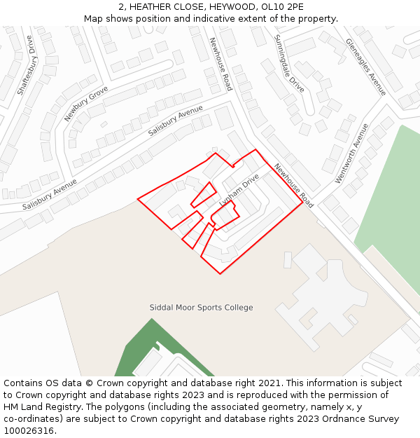 2, HEATHER CLOSE, HEYWOOD, OL10 2PE: Location map and indicative extent of plot