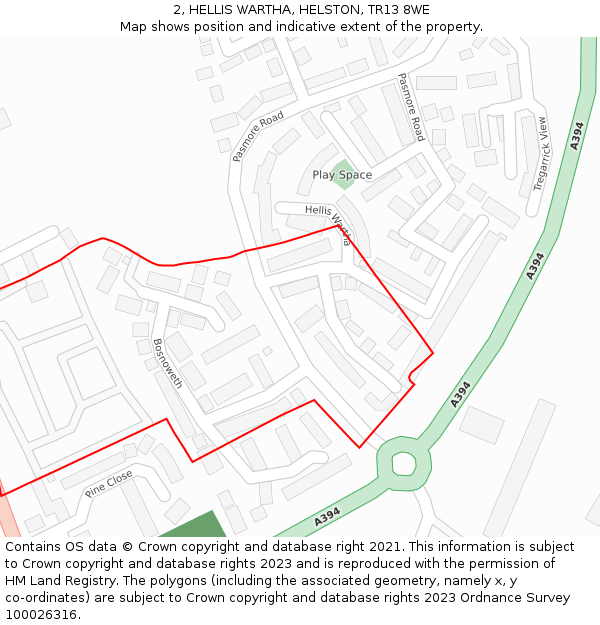 2, HELLIS WARTHA, HELSTON, TR13 8WE: Location map and indicative extent of plot