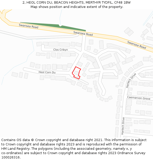 2, HEOL CORN DU, BEACON HEIGHTS, MERTHYR TYDFIL, CF48 1BW: Location map and indicative extent of plot