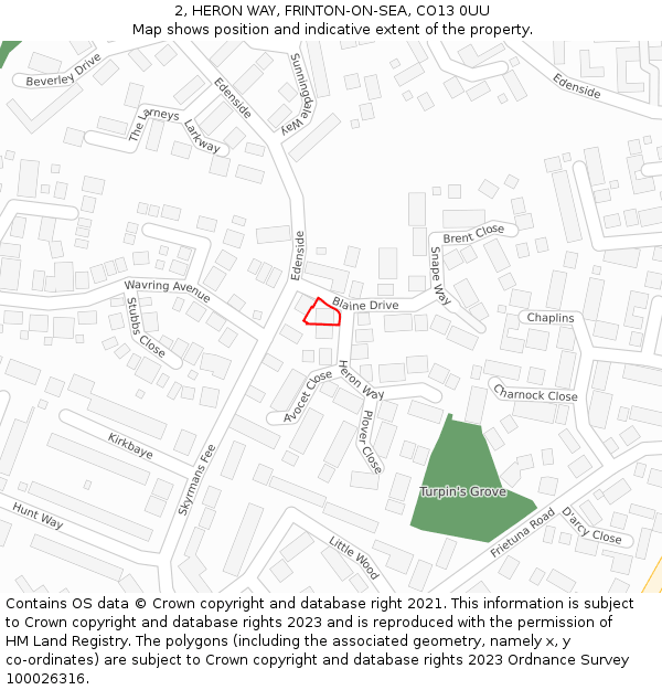 2, HERON WAY, FRINTON-ON-SEA, CO13 0UU: Location map and indicative extent of plot