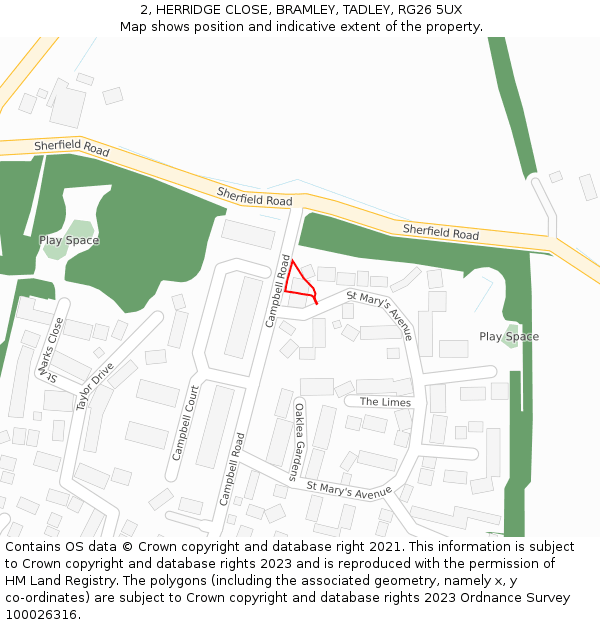 2, HERRIDGE CLOSE, BRAMLEY, TADLEY, RG26 5UX: Location map and indicative extent of plot