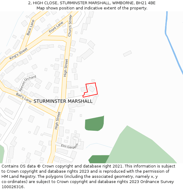 2, HIGH CLOSE, STURMINSTER MARSHALL, WIMBORNE, BH21 4BE: Location map and indicative extent of plot