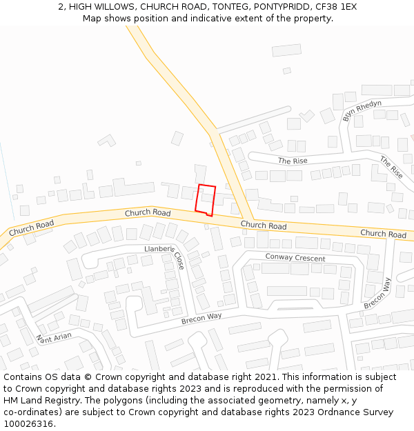 2, HIGH WILLOWS, CHURCH ROAD, TONTEG, PONTYPRIDD, CF38 1EX: Location map and indicative extent of plot
