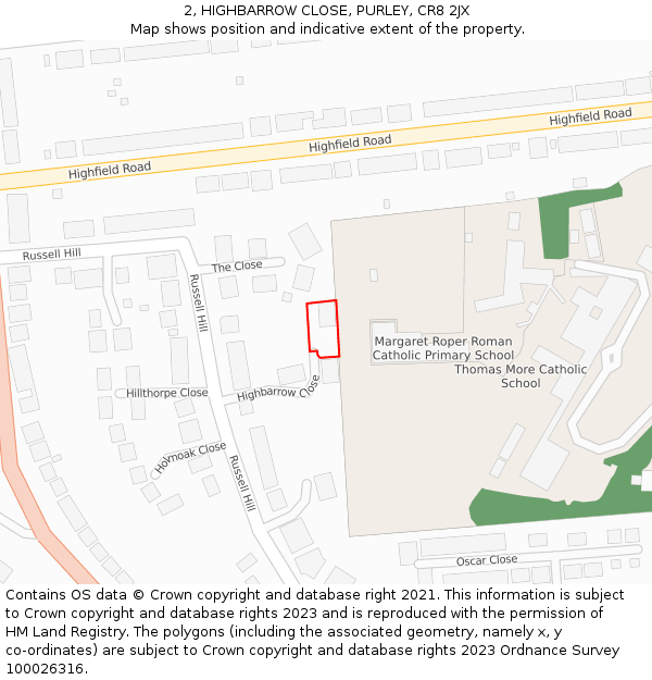 2, HIGHBARROW CLOSE, PURLEY, CR8 2JX: Location map and indicative extent of plot