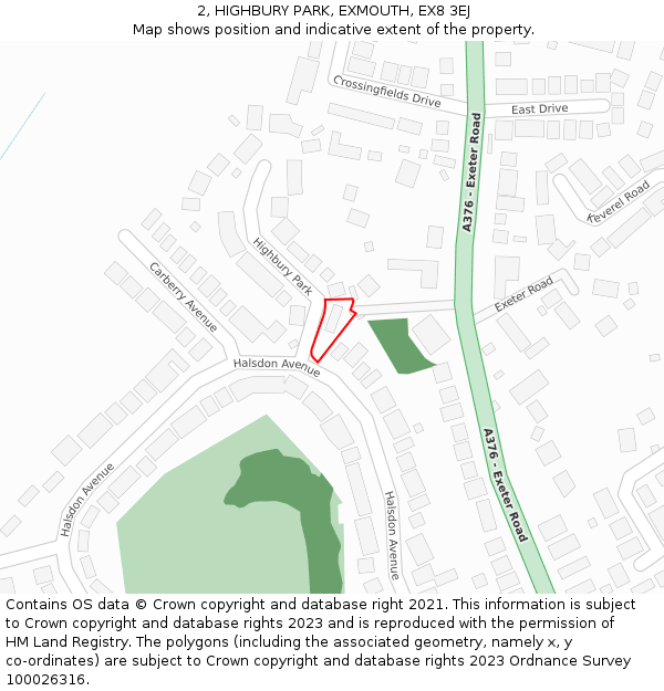 2, HIGHBURY PARK, EXMOUTH, EX8 3EJ: Location map and indicative extent of plot