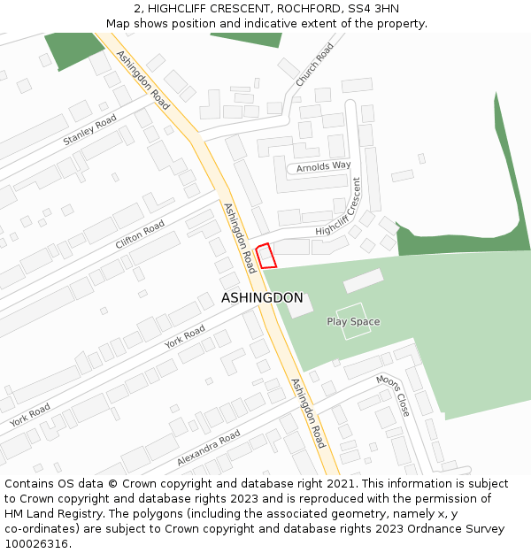 2, HIGHCLIFF CRESCENT, ROCHFORD, SS4 3HN: Location map and indicative extent of plot