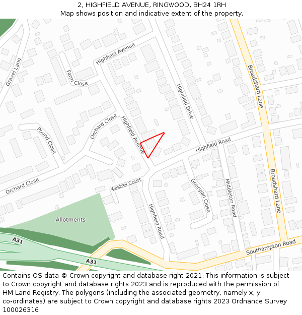 2, HIGHFIELD AVENUE, RINGWOOD, BH24 1RH: Location map and indicative extent of plot