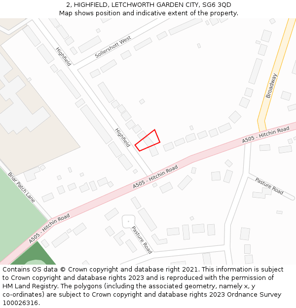 2, HIGHFIELD, LETCHWORTH GARDEN CITY, SG6 3QD: Location map and indicative extent of plot