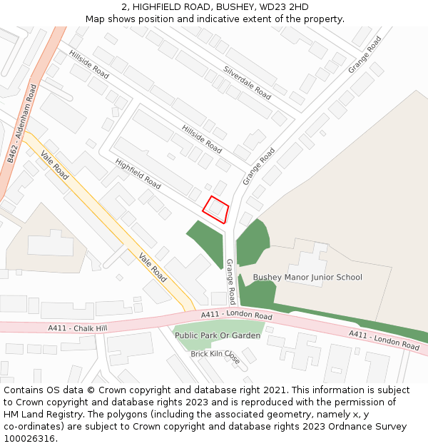 2, HIGHFIELD ROAD, BUSHEY, WD23 2HD: Location map and indicative extent of plot