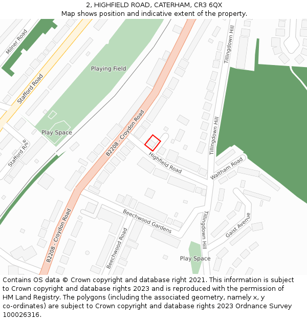 2, HIGHFIELD ROAD, CATERHAM, CR3 6QX: Location map and indicative extent of plot