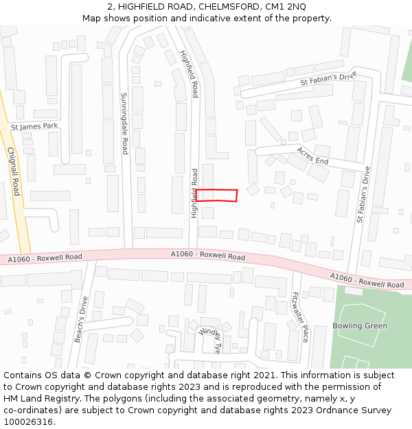 2, HIGHFIELD ROAD, CHELMSFORD, CM1 2NQ: Location map and indicative extent of plot