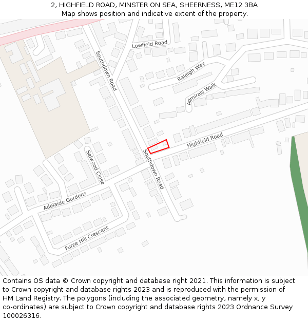 2, HIGHFIELD ROAD, MINSTER ON SEA, SHEERNESS, ME12 3BA: Location map and indicative extent of plot