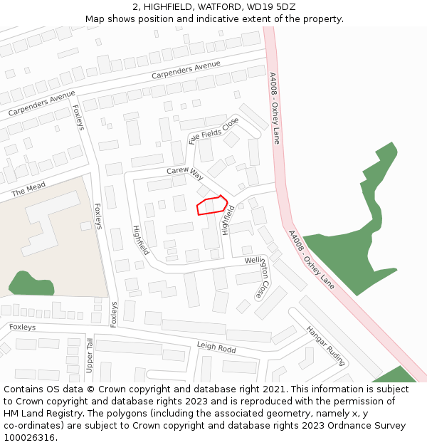 2, HIGHFIELD, WATFORD, WD19 5DZ: Location map and indicative extent of plot