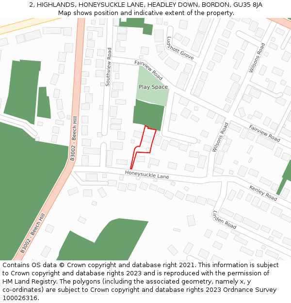 2, HIGHLANDS, HONEYSUCKLE LANE, HEADLEY DOWN, BORDON, GU35 8JA: Location map and indicative extent of plot