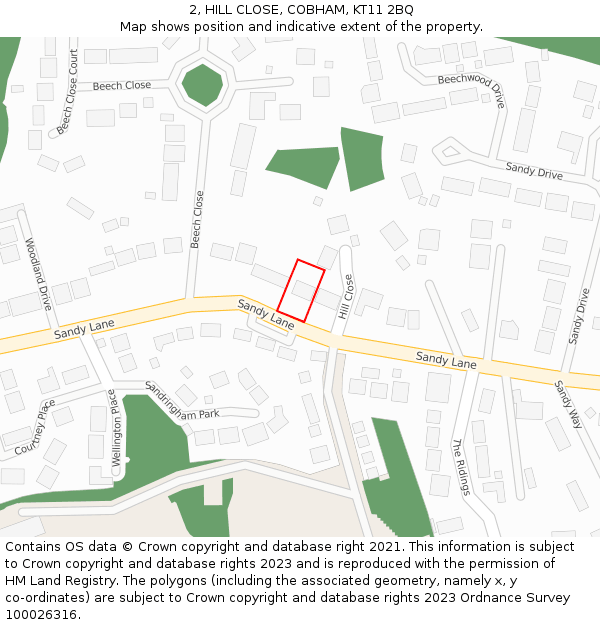 2, HILL CLOSE, COBHAM, KT11 2BQ: Location map and indicative extent of plot