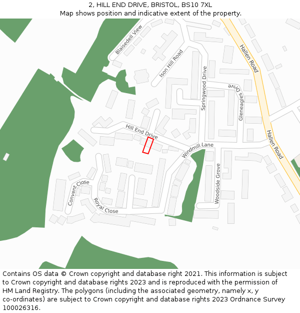 2, HILL END DRIVE, BRISTOL, BS10 7XL: Location map and indicative extent of plot