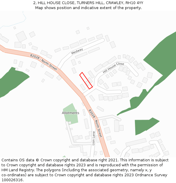 2, HILL HOUSE CLOSE, TURNERS HILL, CRAWLEY, RH10 4YY: Location map and indicative extent of plot