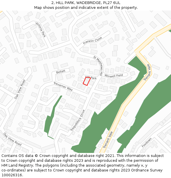 2, HILL PARK, WADEBRIDGE, PL27 6UL: Location map and indicative extent of plot