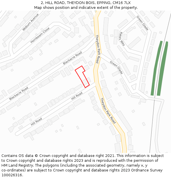 2, HILL ROAD, THEYDON BOIS, EPPING, CM16 7LX: Location map and indicative extent of plot