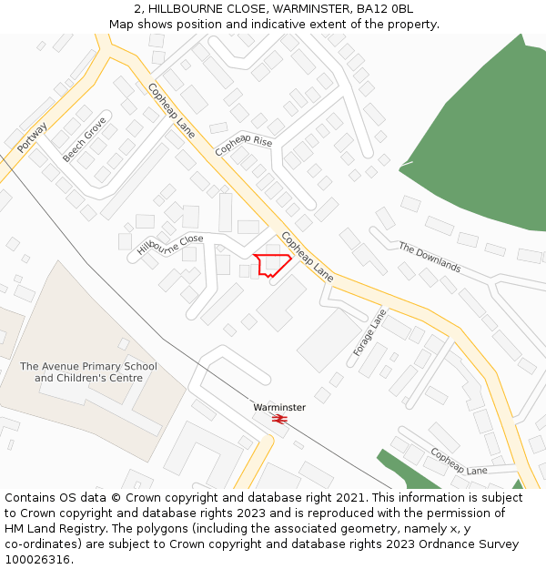 2, HILLBOURNE CLOSE, WARMINSTER, BA12 0BL: Location map and indicative extent of plot