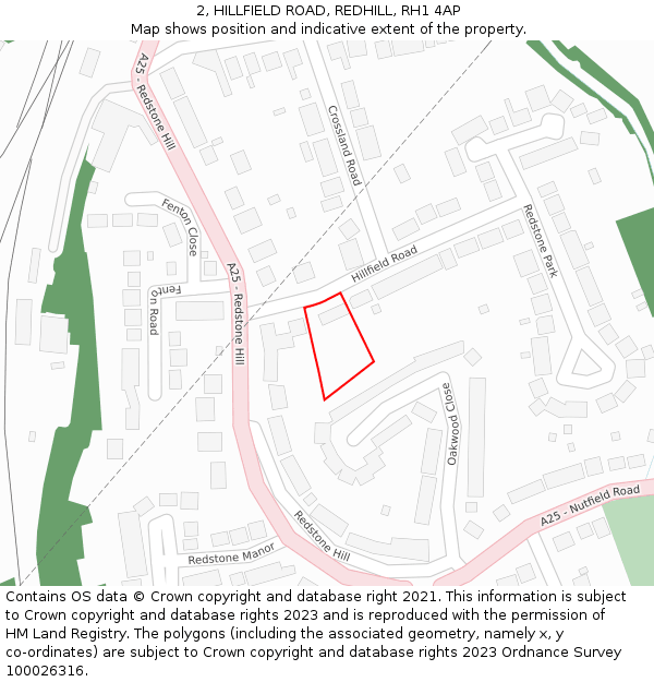 2, HILLFIELD ROAD, REDHILL, RH1 4AP: Location map and indicative extent of plot