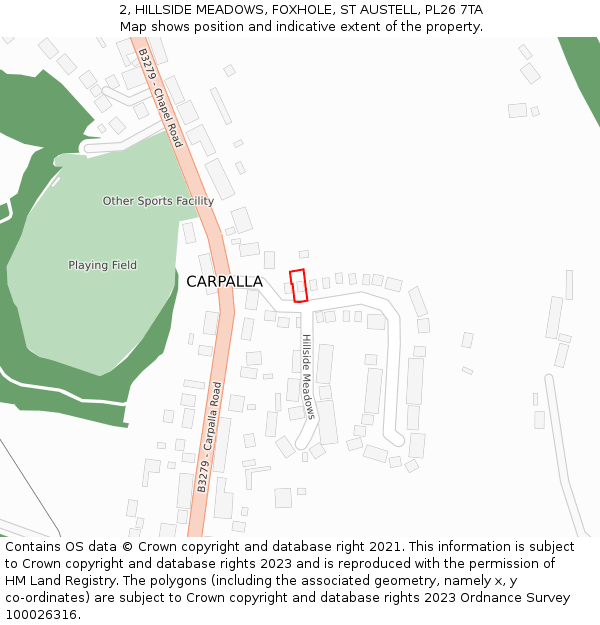 2, HILLSIDE MEADOWS, FOXHOLE, ST AUSTELL, PL26 7TA: Location map and indicative extent of plot