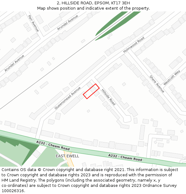 2, HILLSIDE ROAD, EPSOM, KT17 3EH: Location map and indicative extent of plot