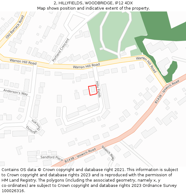 2, HILLYFIELDS, WOODBRIDGE, IP12 4DX: Location map and indicative extent of plot