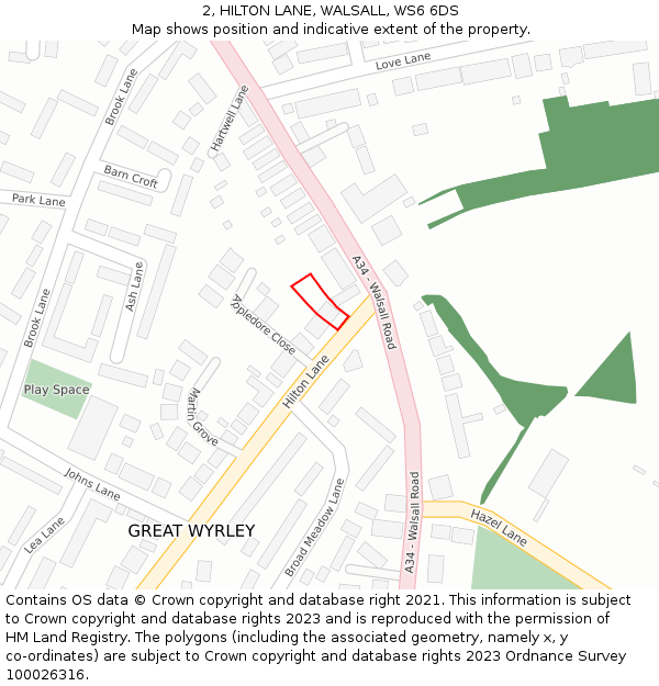 2, HILTON LANE, WALSALL, WS6 6DS: Location map and indicative extent of plot