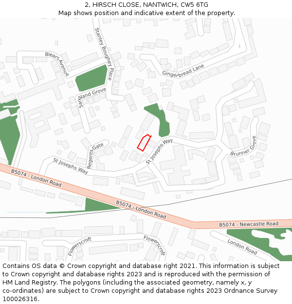 2, HIRSCH CLOSE, NANTWICH, CW5 6TG: Location map and indicative extent of plot