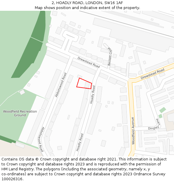 2, HOADLY ROAD, LONDON, SW16 1AF: Location map and indicative extent of plot