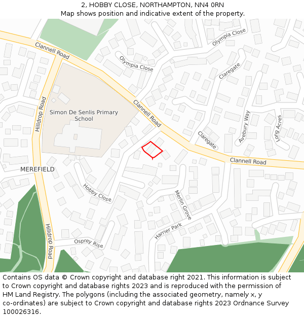 2, HOBBY CLOSE, NORTHAMPTON, NN4 0RN: Location map and indicative extent of plot