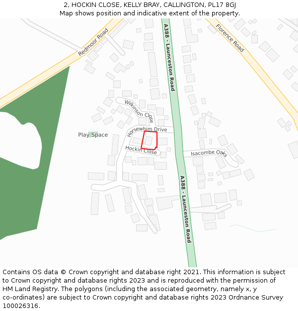 2, HOCKIN CLOSE, KELLY BRAY, CALLINGTON, PL17 8GJ: Location map and indicative extent of plot