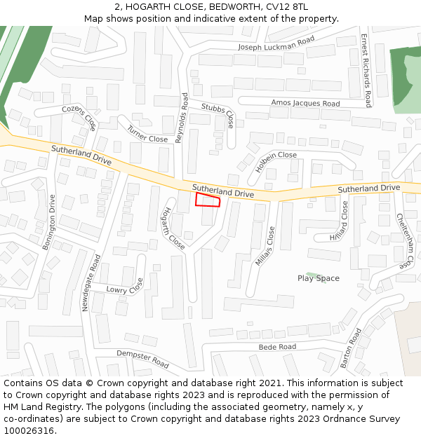 2, HOGARTH CLOSE, BEDWORTH, CV12 8TL: Location map and indicative extent of plot