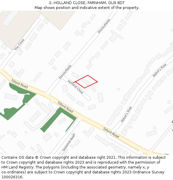 2, HOLLAND CLOSE, FARNHAM, GU9 8DT: Location map and indicative extent of plot