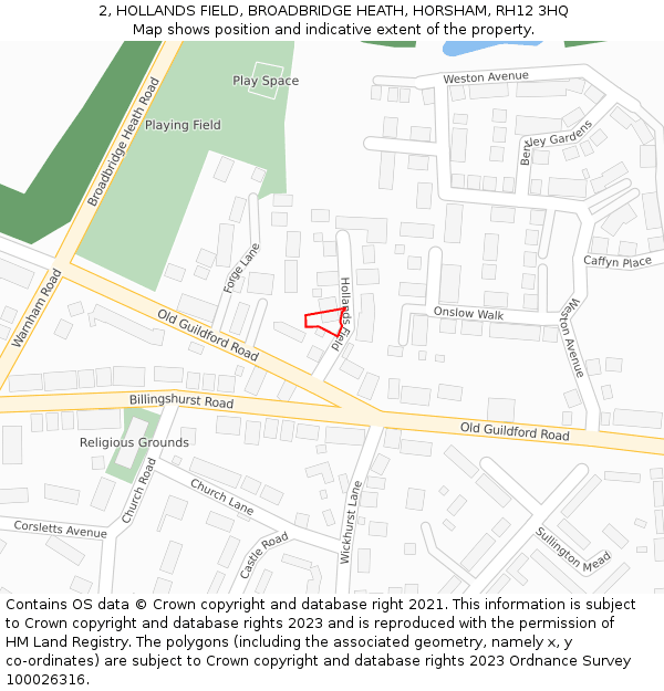 2, HOLLANDS FIELD, BROADBRIDGE HEATH, HORSHAM, RH12 3HQ: Location map and indicative extent of plot