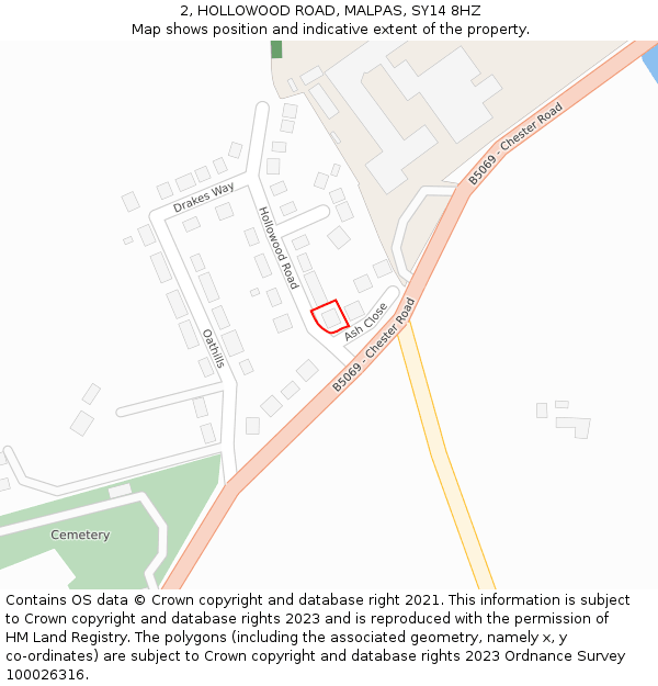 2, HOLLOWOOD ROAD, MALPAS, SY14 8HZ: Location map and indicative extent of plot