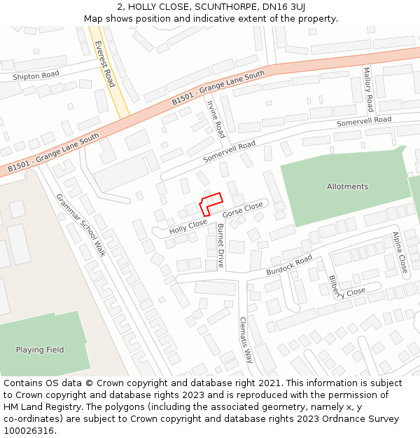 2, HOLLY CLOSE, SCUNTHORPE, DN16 3UJ: Location map and indicative extent of plot