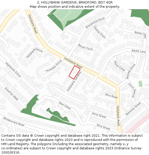 2, HOLLYBANK GARDENS, BRADFORD, BD7 4QR: Location map and indicative extent of plot
