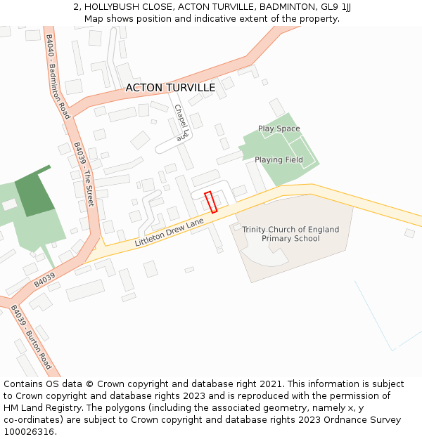 2, HOLLYBUSH CLOSE, ACTON TURVILLE, BADMINTON, GL9 1JJ: Location map and indicative extent of plot