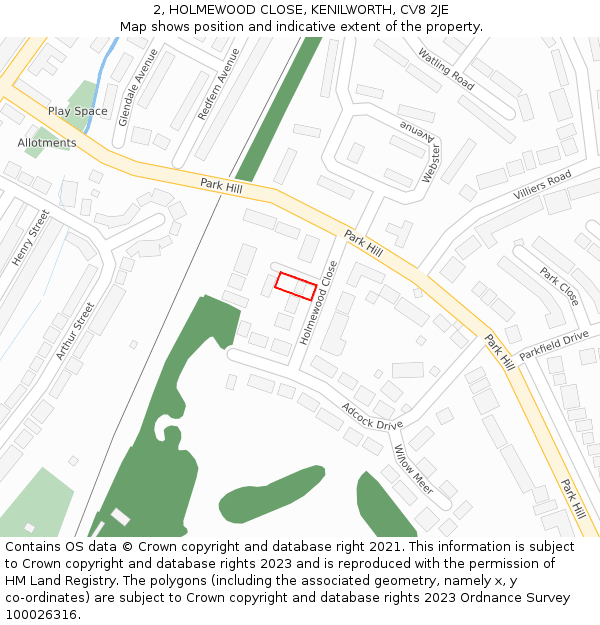 2, HOLMEWOOD CLOSE, KENILWORTH, CV8 2JE: Location map and indicative extent of plot