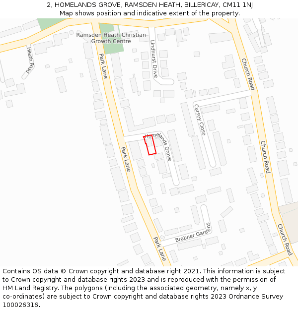 2, HOMELANDS GROVE, RAMSDEN HEATH, BILLERICAY, CM11 1NJ: Location map and indicative extent of plot