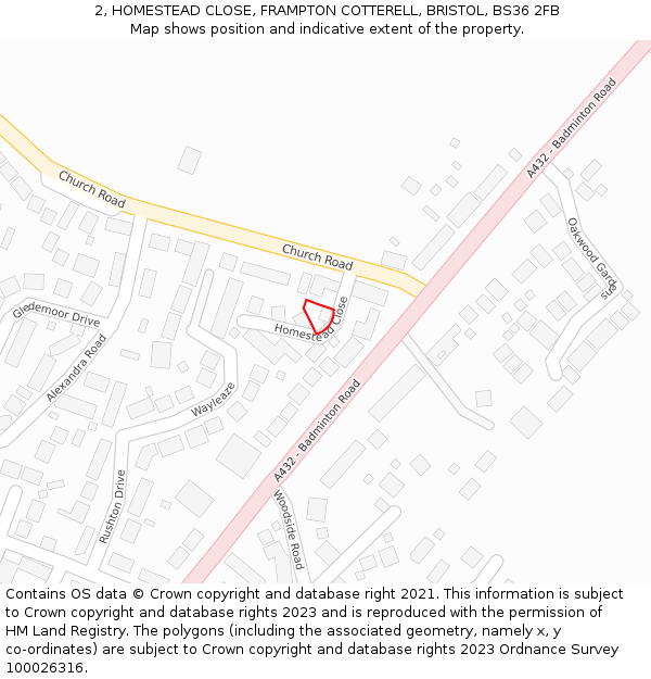 2, HOMESTEAD CLOSE, FRAMPTON COTTERELL, BRISTOL, BS36 2FB: Location map and indicative extent of plot