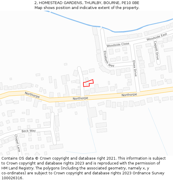 2, HOMESTEAD GARDENS, THURLBY, BOURNE, PE10 0BE: Location map and indicative extent of plot