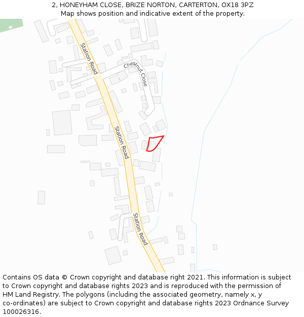 2, HONEYHAM CLOSE, BRIZE NORTON, CARTERTON, OX18 3PZ: Location map and indicative extent of plot